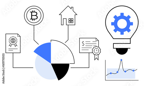 Pie chart connects cryptocurrency, certificates, house, and analytics. Ideal for blockchain, economy, finance, innovation smart contracts investment fintech concepts. Simple flat metaphor