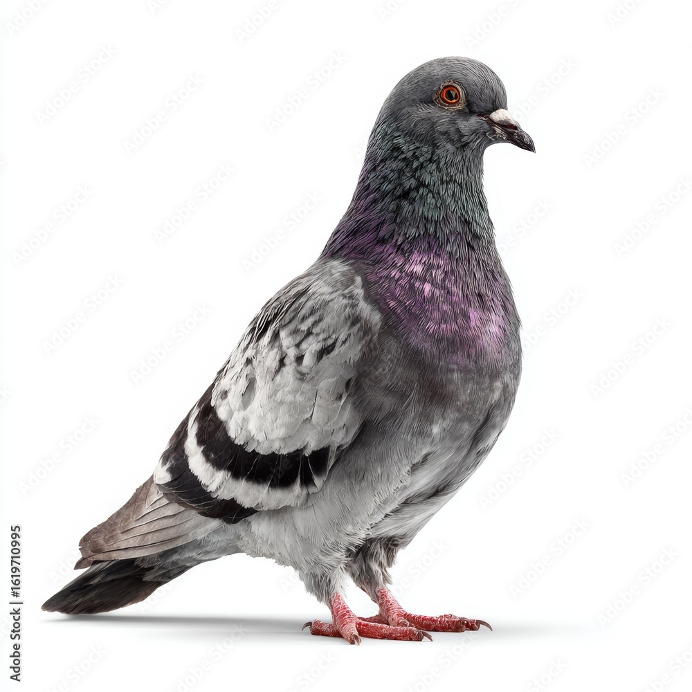 Naklejka premium A close-up view of a pigeon, showcasing its intricate features and plumage. The bird stands in a calm, observant pose, ready to take flight.