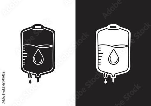 Two stylized illustrations of a blood bag, one in black and white, the other in white on black, symbolizing donation and medical care.