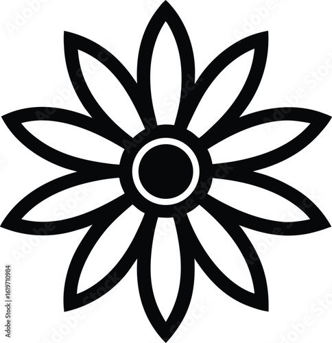 Black outline of a stylized eight petal flower with a circular center bloom petals