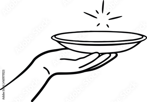 Hand holding a bowl Line Art Vector with sparkles isolated on white background