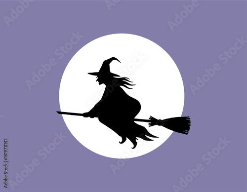 Minimalist witch flying on a broomstick in silhouette style vector design