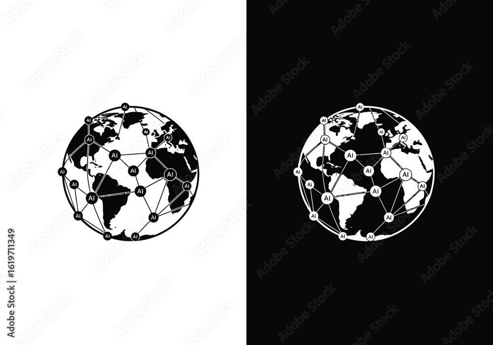 Fototapeta premium A black and white graphic of a global network connecting points across the Earth.