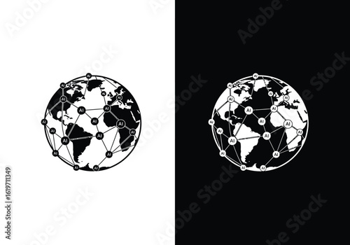 A black and white graphic of a global network connecting points across the Earth.