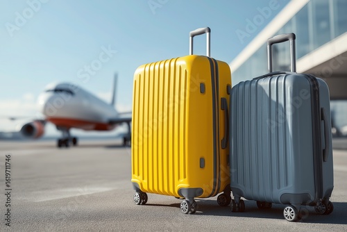 Yellow and Grey Wheeled Luggage at Airport, Airplane Background - Modern Travel Essentials for Tourism Day and Vacation Trips