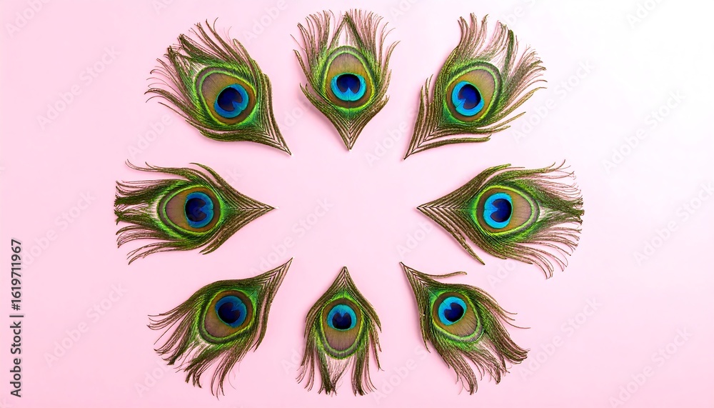 Obraz premium Peacock feathers arranged in a circle on a pink background