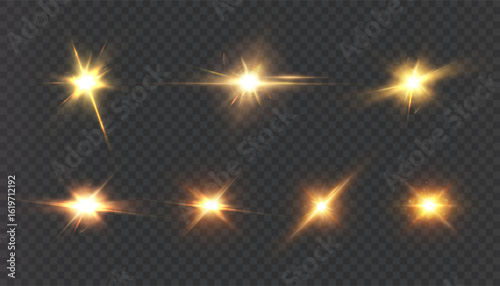 Set of bright golden light flashes with bright sparks and glow effect on transparent background. Vector light elements for combat graphics, magic effects and energy flashes.