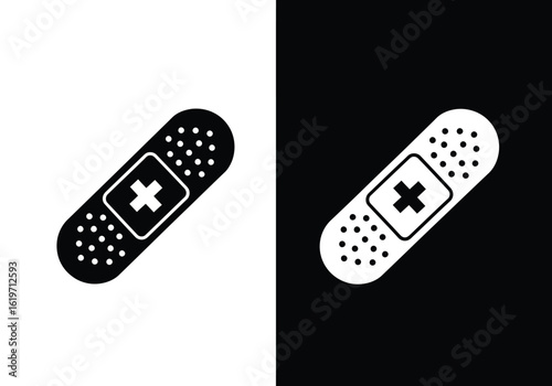 Two simple graphic icons of adhesive bandages, one black on white and the other white on black, both featuring a white or black cross symbol.