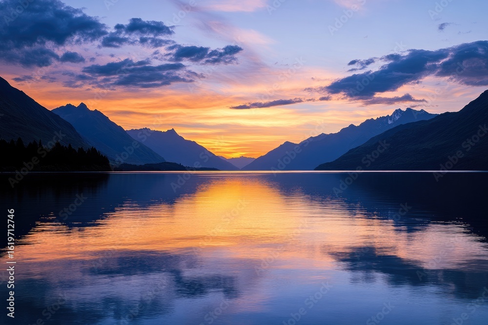Fototapeta premium Serene mountain lake sunset. Reflections of a vibrant sunset paint the still water of a lake, flanked by dark silhouettes of mountains. Clouds in hues of orange, purple, and blue fill the sky