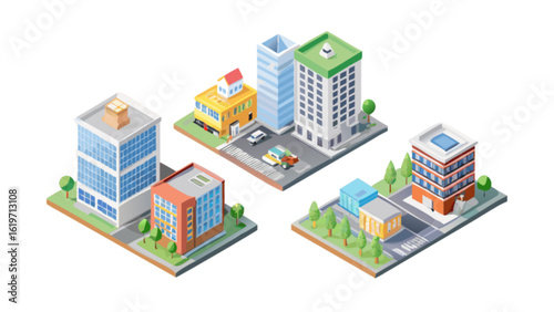 Isometric city buildings isolated on white background, showcasing urban architecture, offices, apartments, and skyscrapers for real estate and development projects
