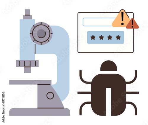 Microscope, software bug icon, and warning signs represent cybersecurity threats, software troubleshooting, and digital safety analysis. Ideal for technology, science, software testing, analysis