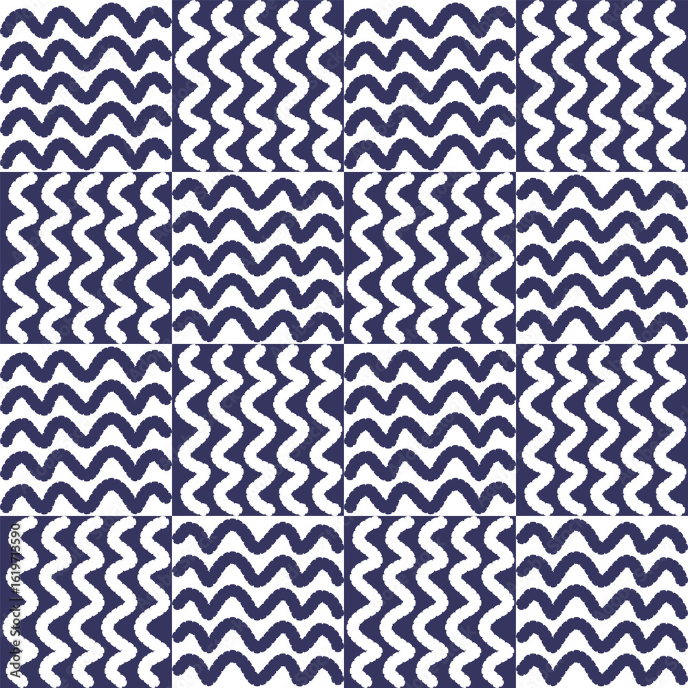 Fototapeta premium Seamless repeating pattern of navy blue fuzzy wavy lines on a white background creating a tiled visual