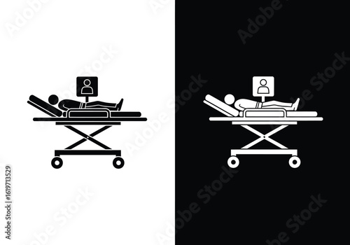 A simple black and white icon of a patient lying on a hospital gurney or stretcher with a medical monitor.