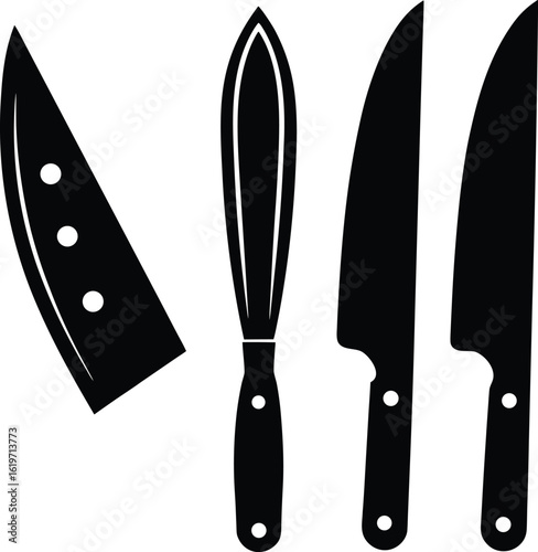 Set of sharp stainless steel kitchen knives with black handles, isolated on a white background, kitchen  clean, kitchen background, modern