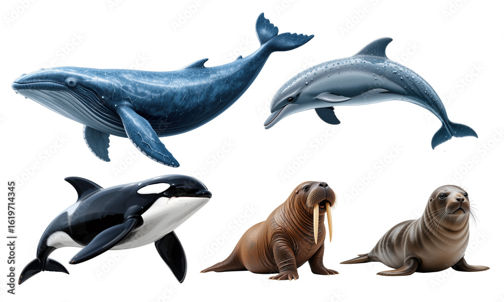 Fototapeta premium Collection of marine mammal isolated at transparent background.