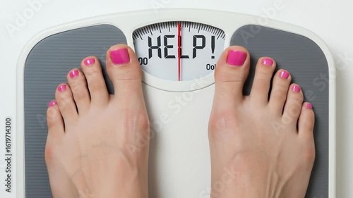 Woman's feet on a scale displaying the word 