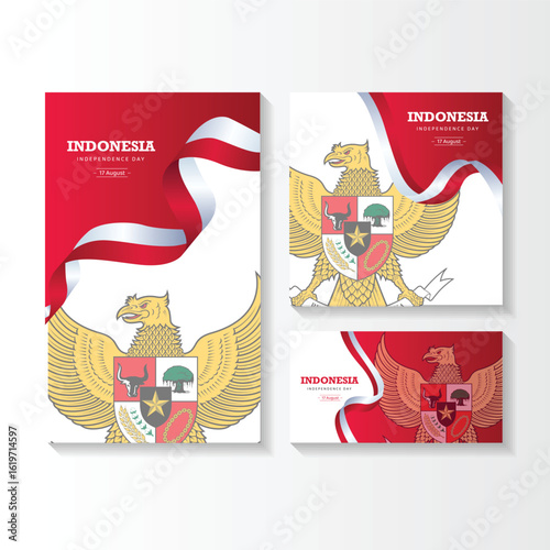 Set Gradient indonesia independence day illustration. Indonesia Happy Independence Day greeting card, banner, and gradient background