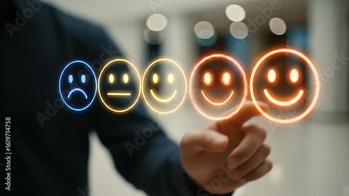 Man's Hand Touching Smiling Emoji Glowing Over Abstract Background Highlighting Positive Customer Feedback