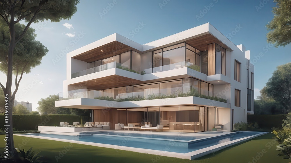 Fototapeta premium Modern luxury home with a pool and large windows surrounded by lush greenery on a sunny day
