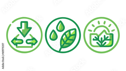 A set of ecofriendly icons illustrating sustainable practices, renewable resources, and environmental conservation isolated on white background