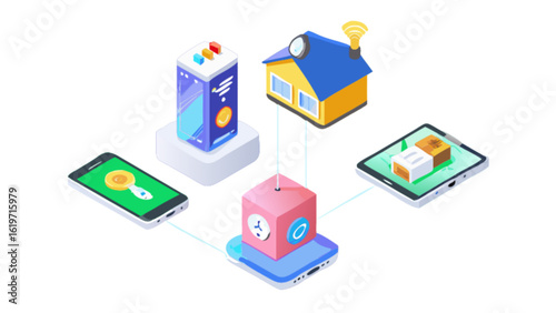 Isometric illustration of smart home technology with connected devices, showcasing internet of things, automation, and digital control, isolated on white background