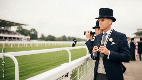 Royal ascot races featuring elegant men in formal wear with binoculars watching horse race. Royal ascot races attendees and crowd anticipate sporting event, all dressed up for race day.