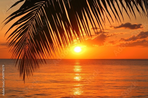 Palm frond silhouettes a vibrant sunset over ocean