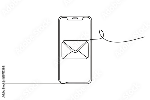 Smartphone with email in one line art style, continuous line vector illustration with editable stroke