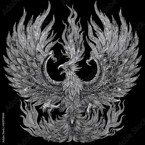 A black and white drawing of a bird with flames on its wings