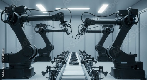 Automated robotic arms on a production line assembling components in a clean, modern factory