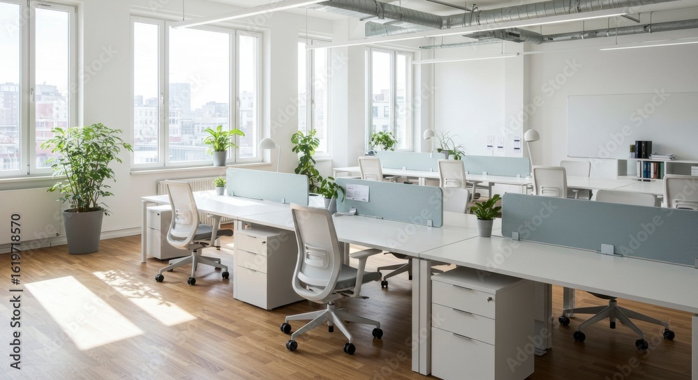Fototapeta premium Light-filled office featuring rows of desks with chairs, plants, and large windows. The space appears clean and modern