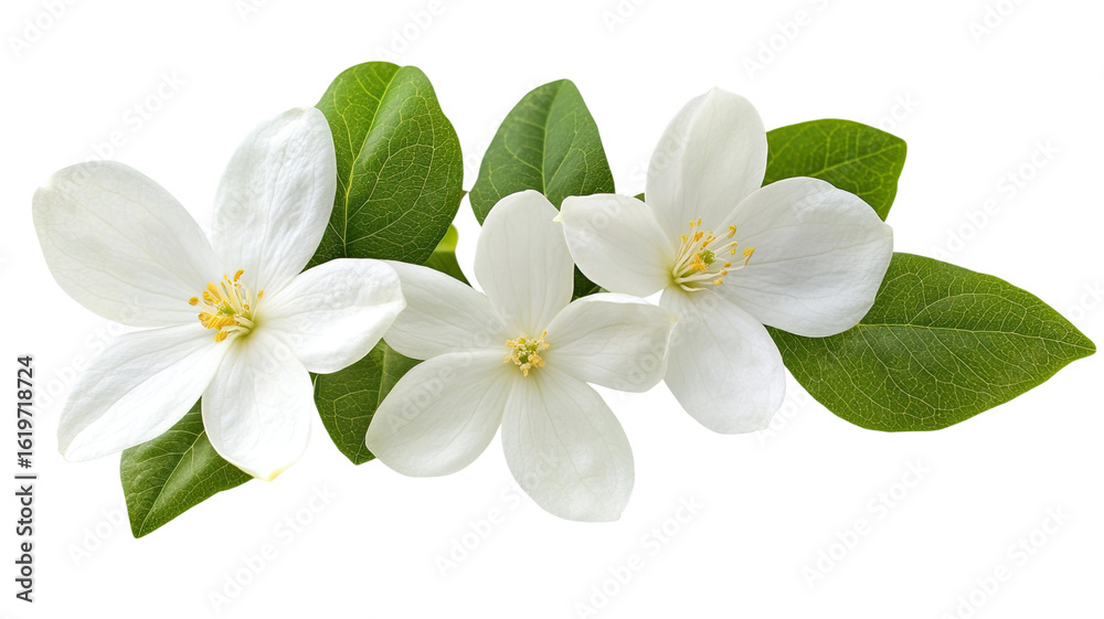 Obraz premium Delicate White Jasmine Flower with Green Leaves Isolated on White Background