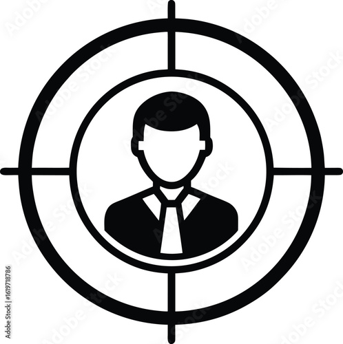 Black silhouette of a man in a suit and tie within a target reticle crosshairs