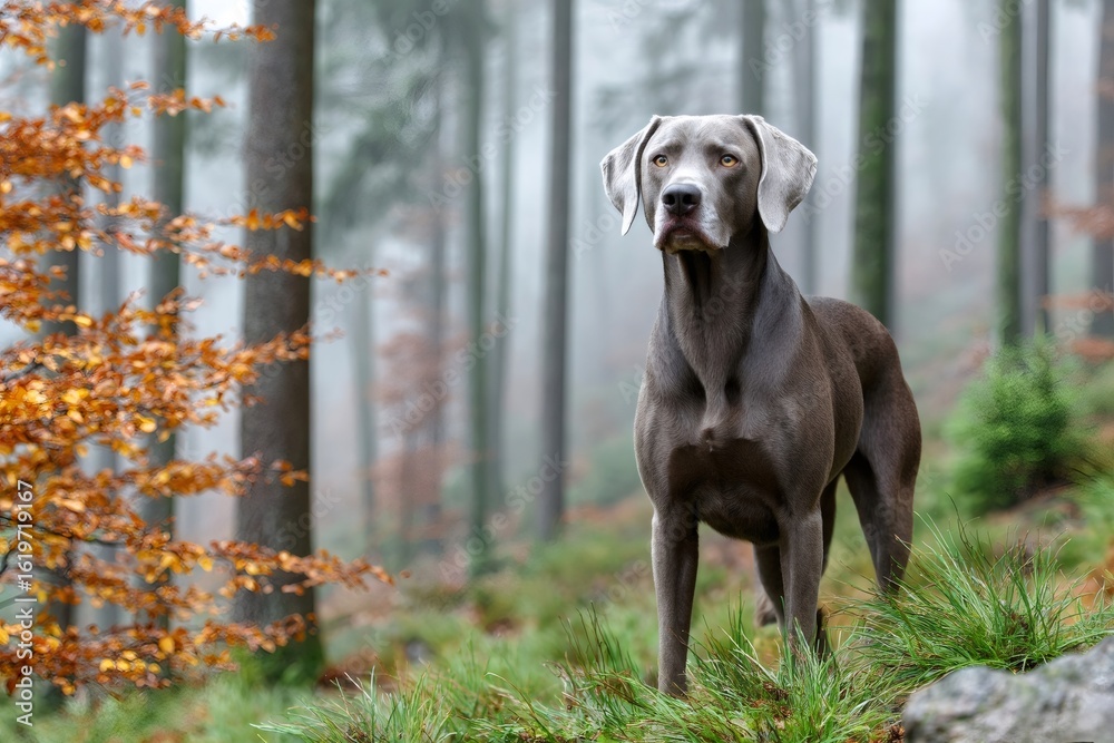 Weimaraner dog standing in misty autumn forest Weimaraner dog standing in misty autumn forest
