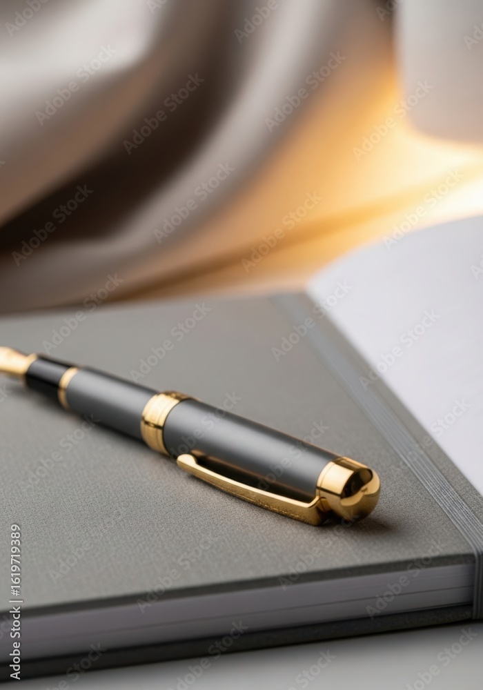 Fototapeta premium Elegant fountain pen resting on a notebook with soft bokeh background
