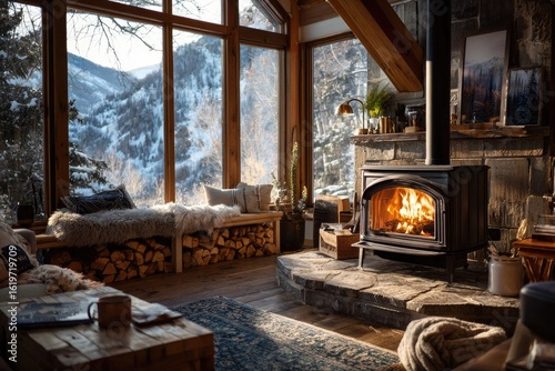 Cozy cabin living room with wood stove, large windows showcasing snowy mountain view