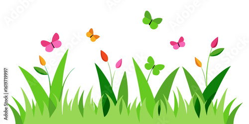 Vibrant green grass with pink orange butterflies and floral buds image