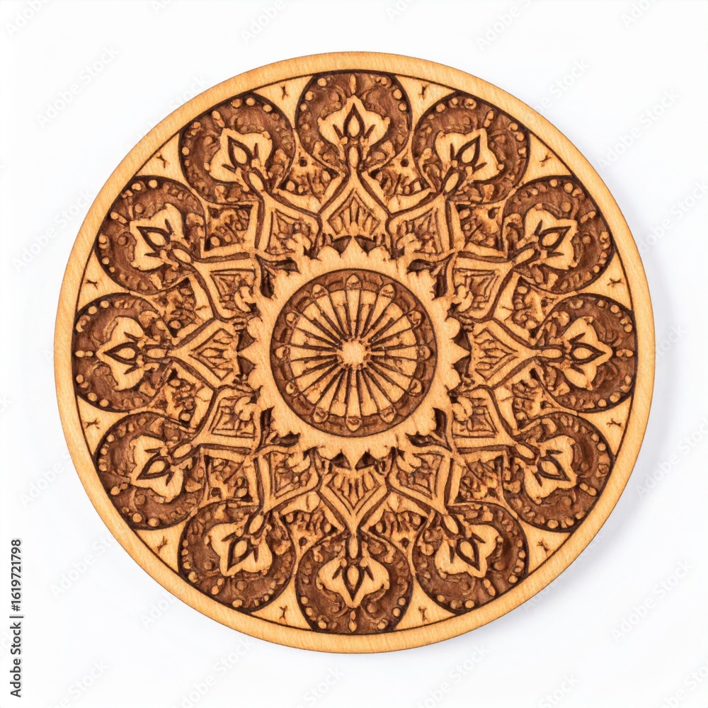 Obraz premium Intricate Wooden Mandala Coaster with Geometric Pattern on White Background