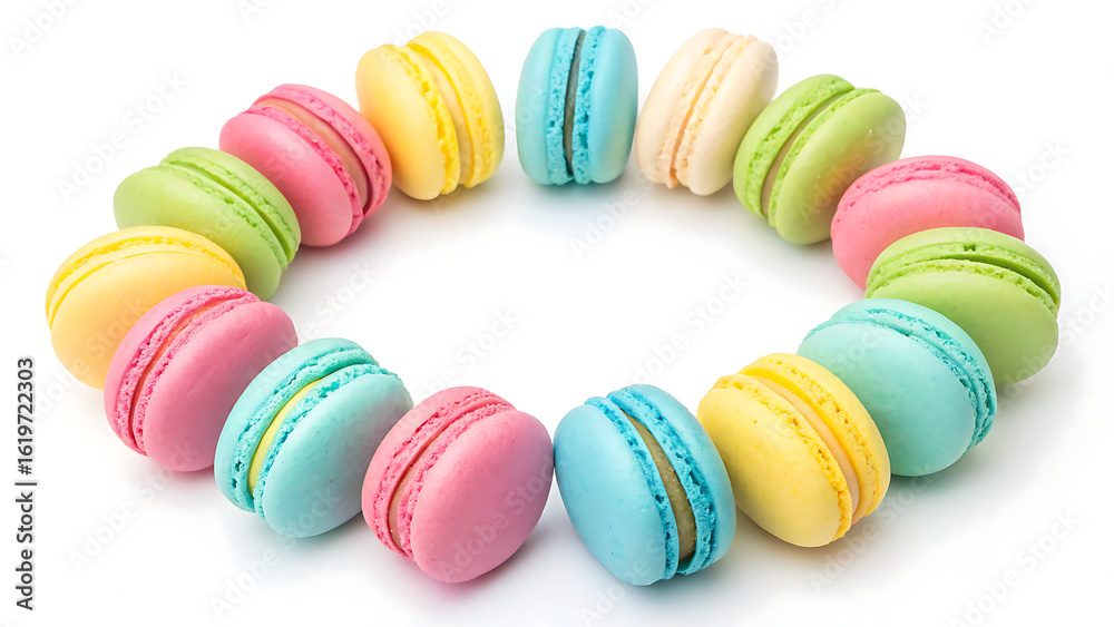 Obraz premium A circle of colorful macarons arranged on a white background in a studio setting for a sweet treat