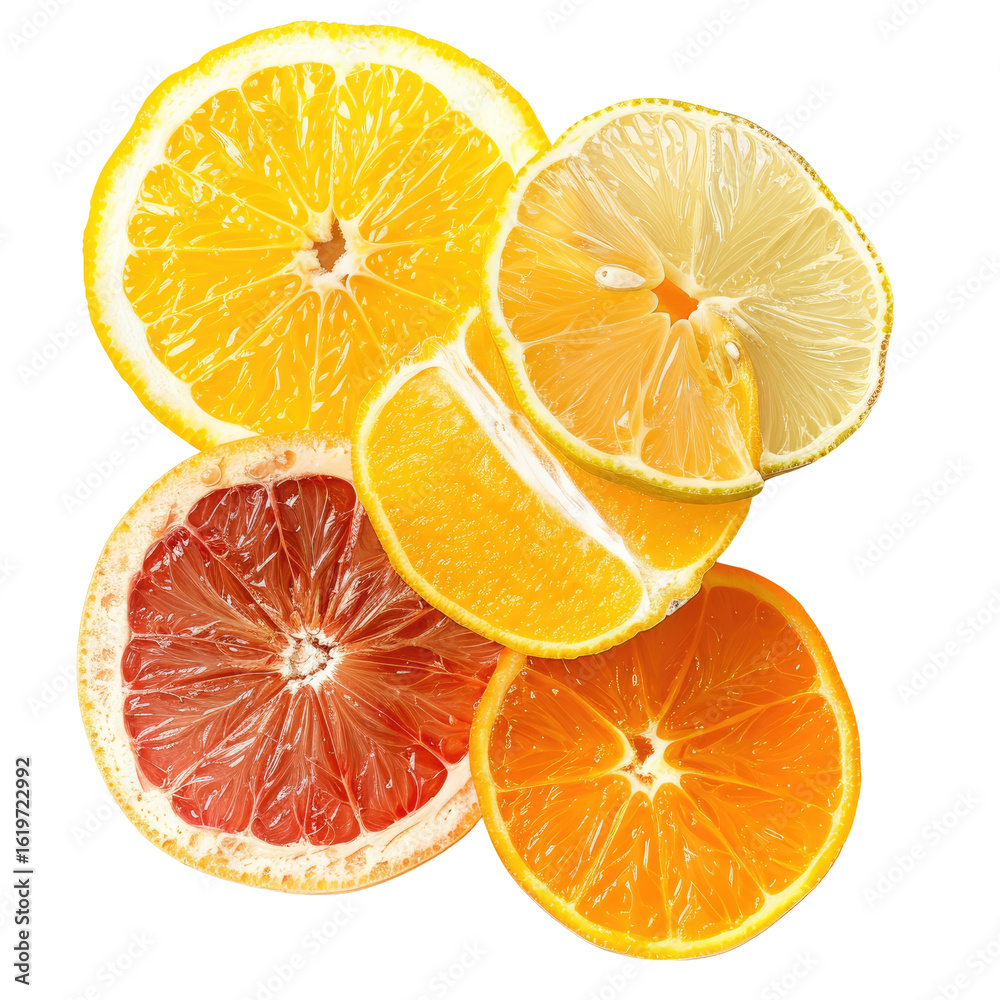 Fototapeta premium Citrus slices arranged in a vibrant display