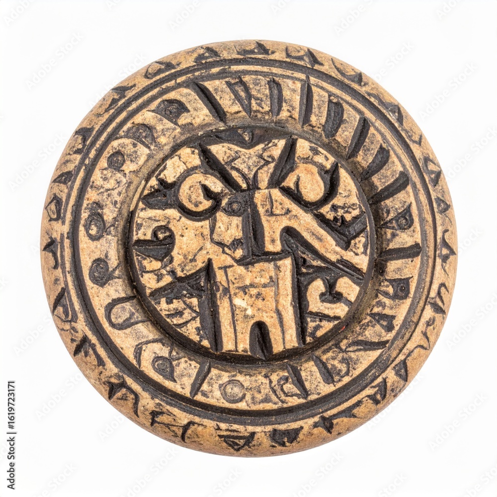 Obraz premium Detailed Carved Ceramic Disc Featuring Stylized Animal Motif on White Background