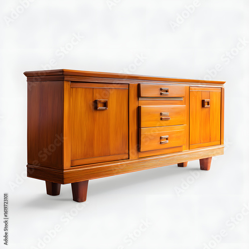 A wooden table with drawers and a white background