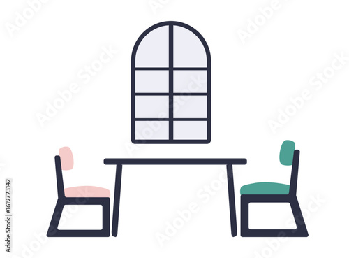 A minimalist dining area features a wooden table flanked by two chairs in pastel colors. Natural light floods the space through a large window, creating a calm atmosphere.