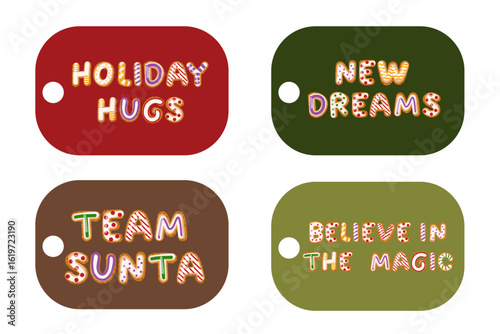 Four vibrant gift tags showcase playful phrases like Holiday Hugs and New Dreams, making them ideal for seasonal celebrations and gift-giving occasions.