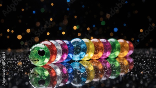 A colorful glass caterpillar toy made of translucent segments in rainbow colors placed on a glossy. 3d Illustration