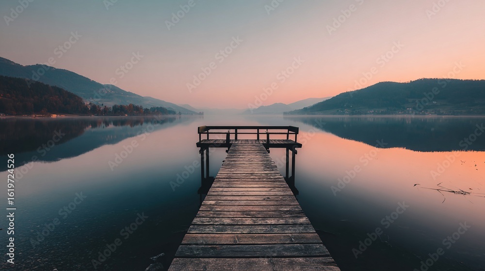 Fototapeta premium Empty Wooden Dock Over a Calm Lake at Sunset. High quality