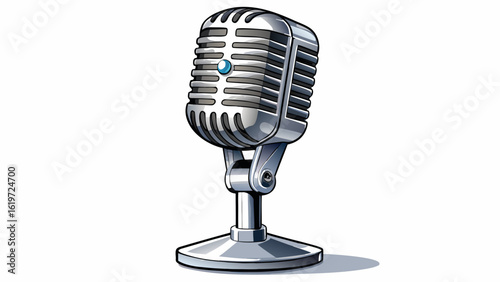 A vintage silver microphone cut out stands tall with timeless shine and retro charm. Semi-realistic vector style captures metallic texture, soft reflections, and echoes of classic performances.