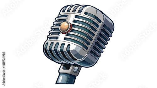 A vintage silver microphone cut out stands tall with timeless shine and retro charm. Semi-realistic vector style captures metallic texture, soft reflections, and echoes of classic performances.