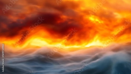 Fiery Sky and Tempestuous Ocean Dramatic Cloudscape over Rough Waters.