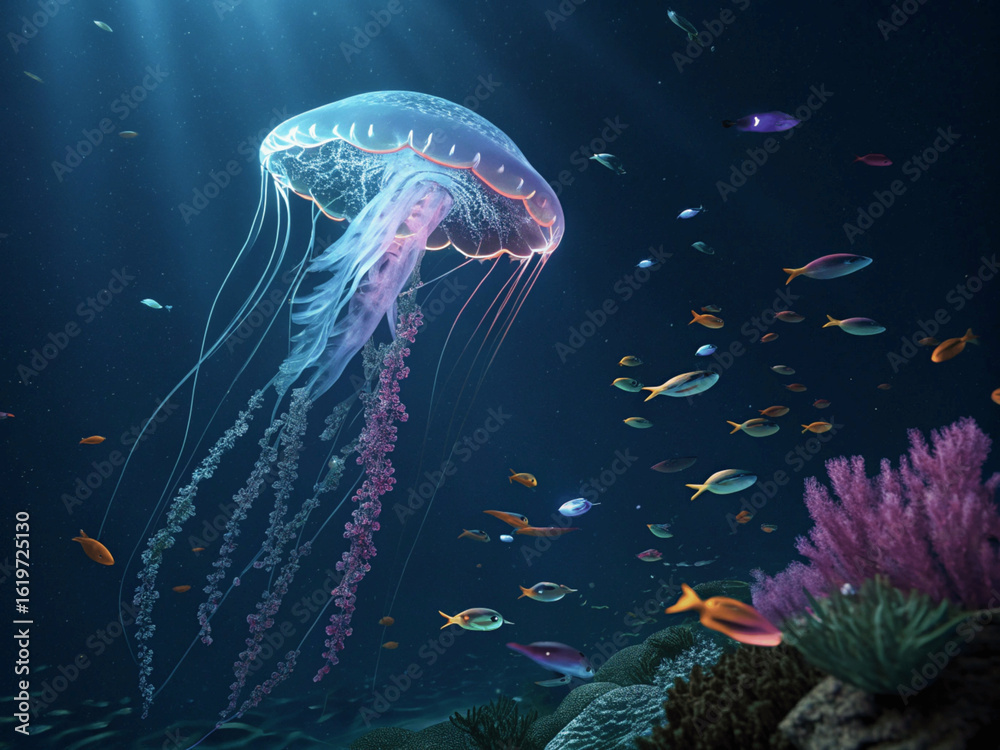 Naklejka premium Graceful Jellyfish in a Vibrant Coral Reef